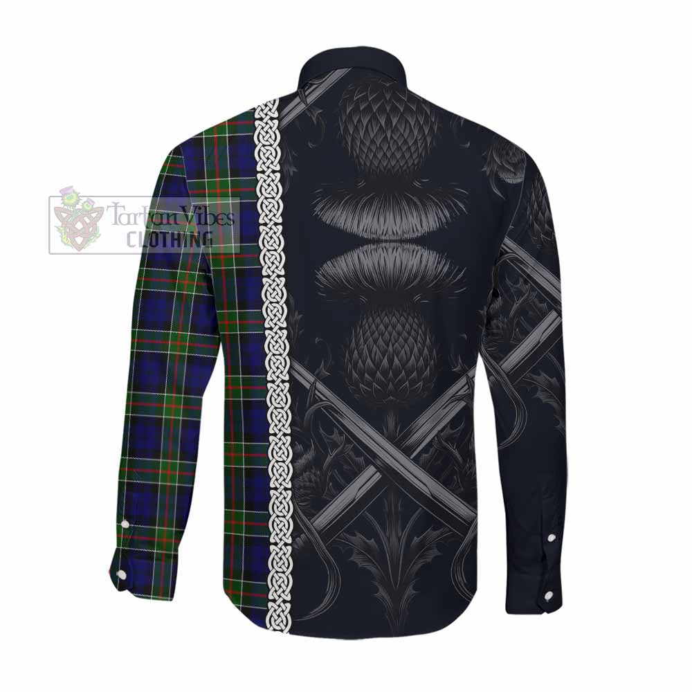 Tartan Vibes Clothing Colquhoun Tartan Long Sleeve Button Shirt with Family Crest Cross Sword Thistle Celtic Vibes