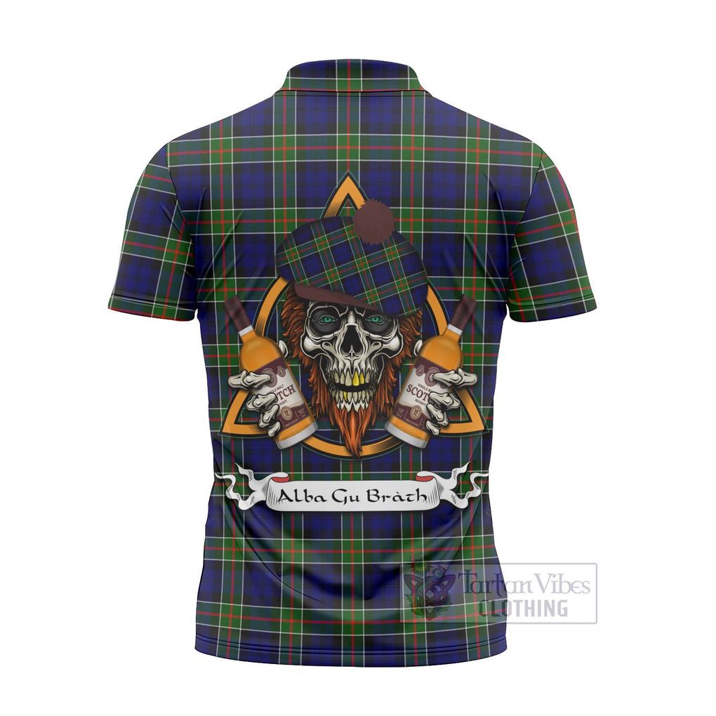 Tartan Vibes Clothing Colquhoun Tartan Zipper Polo Shirt with Family Crest and Bearded Skull Holding Bottles of Whiskey