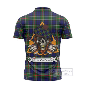 Colquhoun Tartan Zipper Polo Shirt with Family Crest and Bearded Skull Holding Bottles of Whiskey