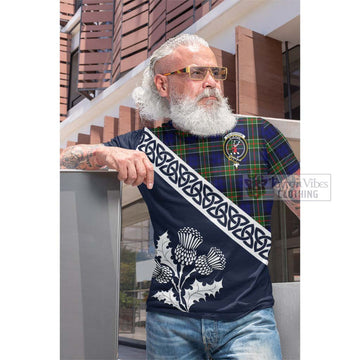 Colquhoun Tartan Cotton T-shirt Featuring Thistle and Scotland Map