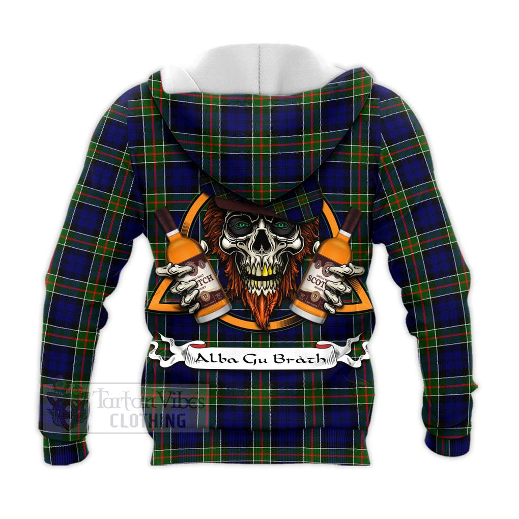 Tartan Vibes Clothing Colquhoun Tartan Knitted Hoodie with Family Crest and Bearded Skull Holding Bottles of Whiskey