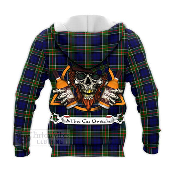 Colquhoun Tartan Knitted Hoodie with Family Crest and Bearded Skull Holding Bottles of Whiskey