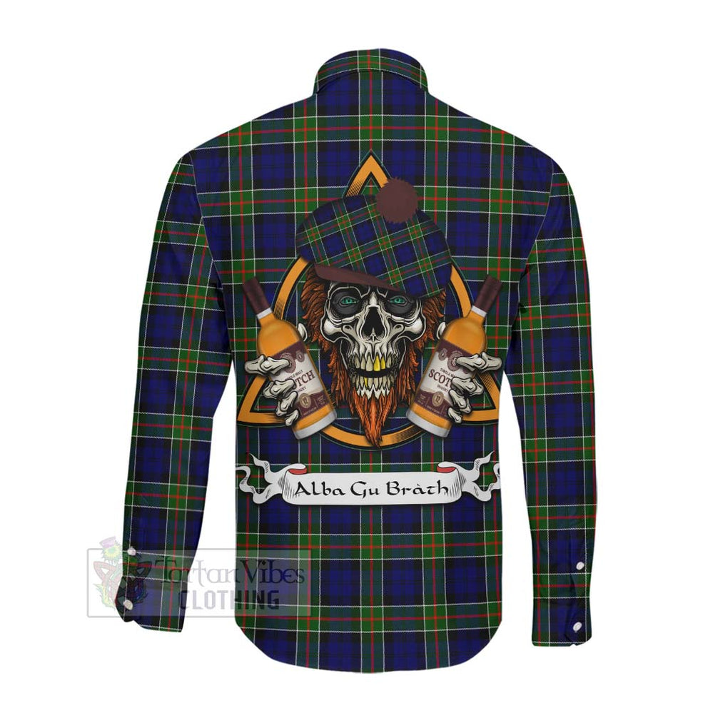 Tartan Vibes Clothing Colquhoun Tartan Long Sleeve Button Shirt with Family Crest and Bearded Skull Holding Bottles of Whiskey