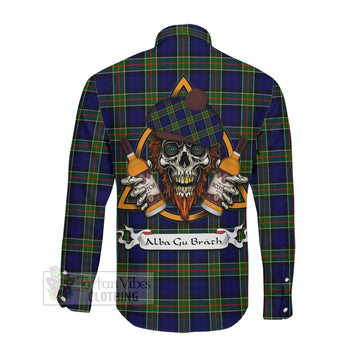 Colquhoun Tartan Long Sleeve Button Shirt with Family Crest and Bearded Skull Holding Bottles of Whiskey