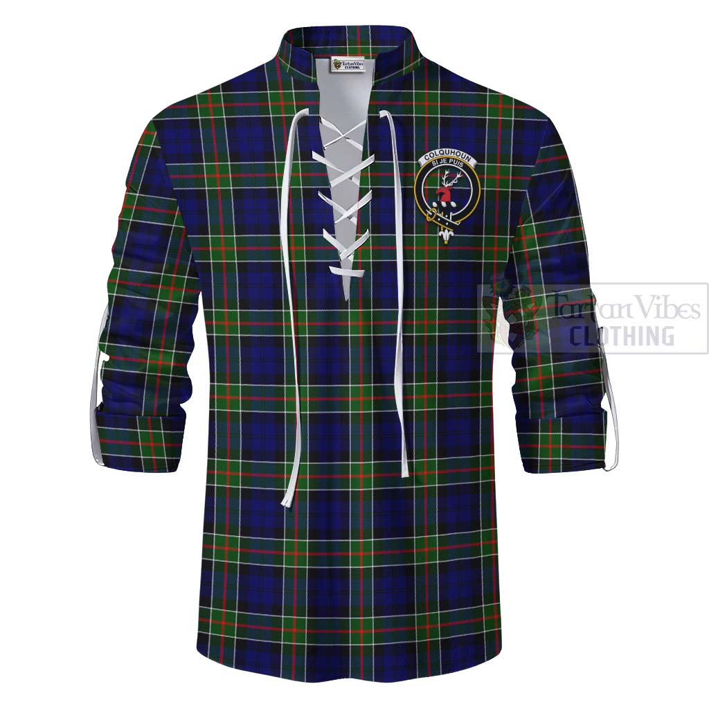 Tartan Vibes Clothing Colquhoun Tartan Ghillie Kilt Shirt with Family Crest and Bearded Skull Holding Bottles of Whiskey