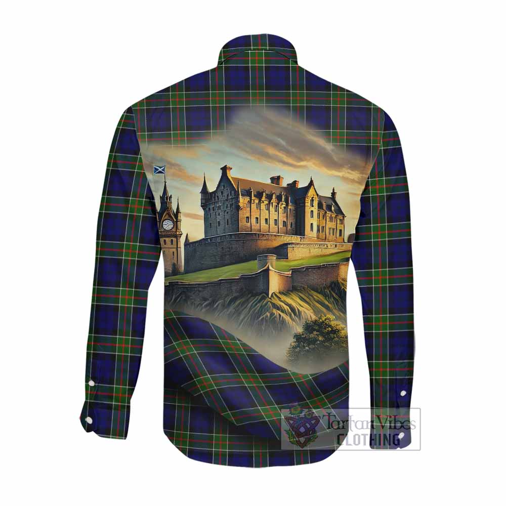 Colquhoun Tartan Family Crest Long Sleeve Button Shirt with Scottish Ancient Castle Style Men's Shirt - Tartan Vibes Clothing