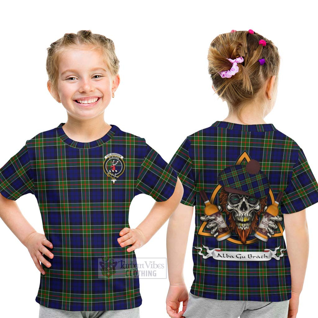 Tartan Vibes Clothing Colquhoun Tartan Kid T-Shirt with Family Crest and Bearded Skull Holding Bottles of Whiskey