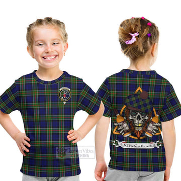 Colquhoun Tartan Kid T-Shirt with Family Crest and Bearded Skull Holding Bottles of Whiskey