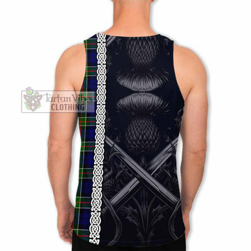 Colquhoun Tartan Men's Tank Top with Family Crest Cross Sword Thistle Celtic Vibes