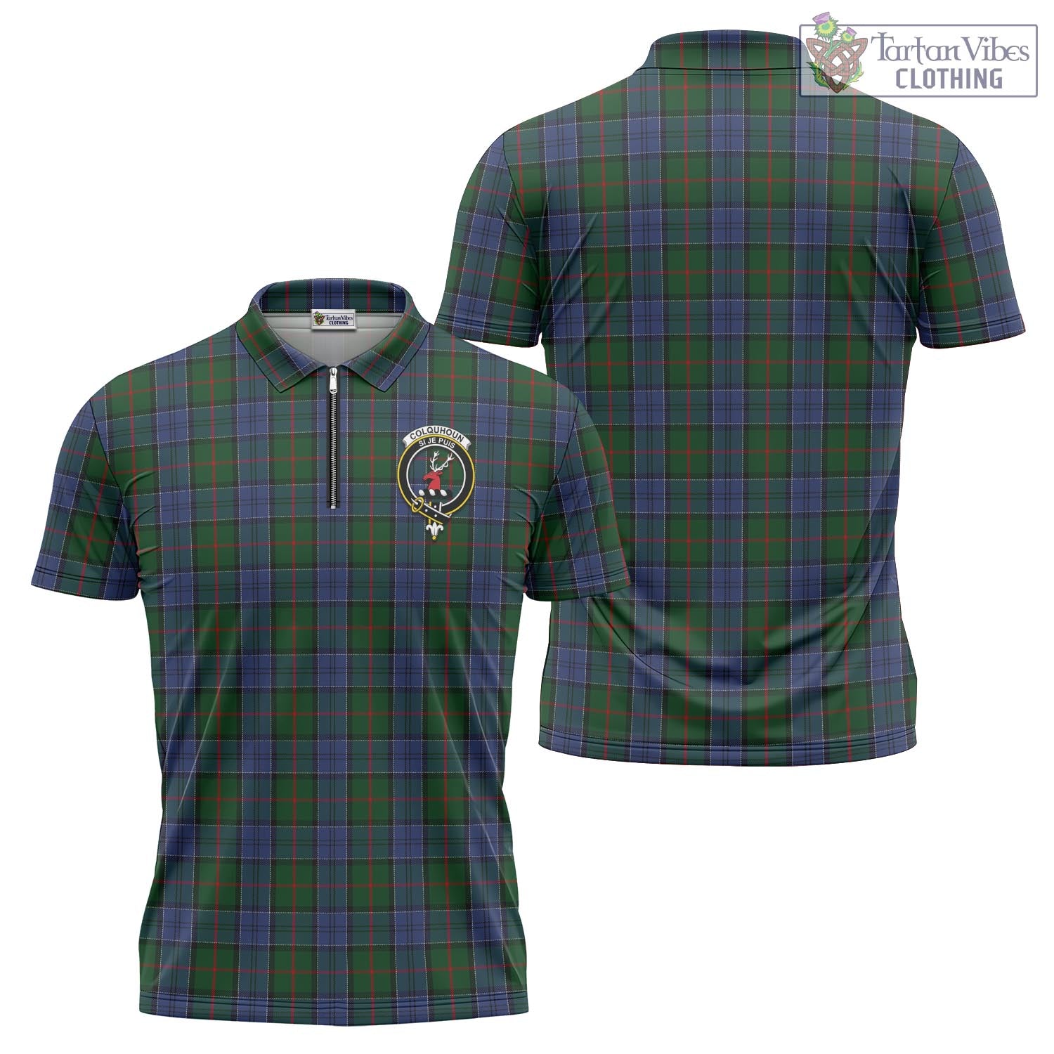 Tartan Vibes Clothing Colquhoun Tartan Zipper Polo Shirt with Family Crest