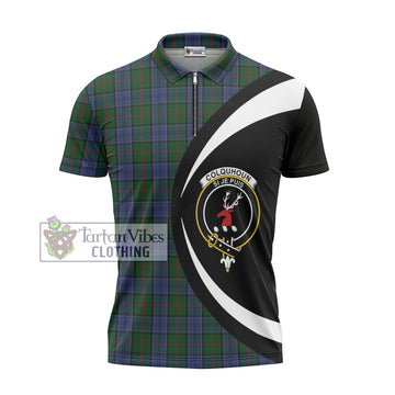 Colquhoun Tartan Zipper Polo Shirt with Family Crest Circle Style