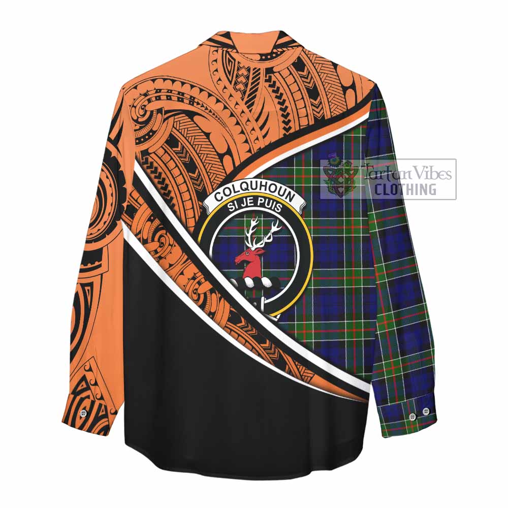 Tartan Vibes Clothing Colquhoun Crest Tartan Women's Casual Shirt with Maori Tattoo Style - Orange Version