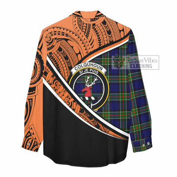 Colquhoun Crest Tartan Women's Casual Shirt with Polynesian Vibes Style - Orange Version