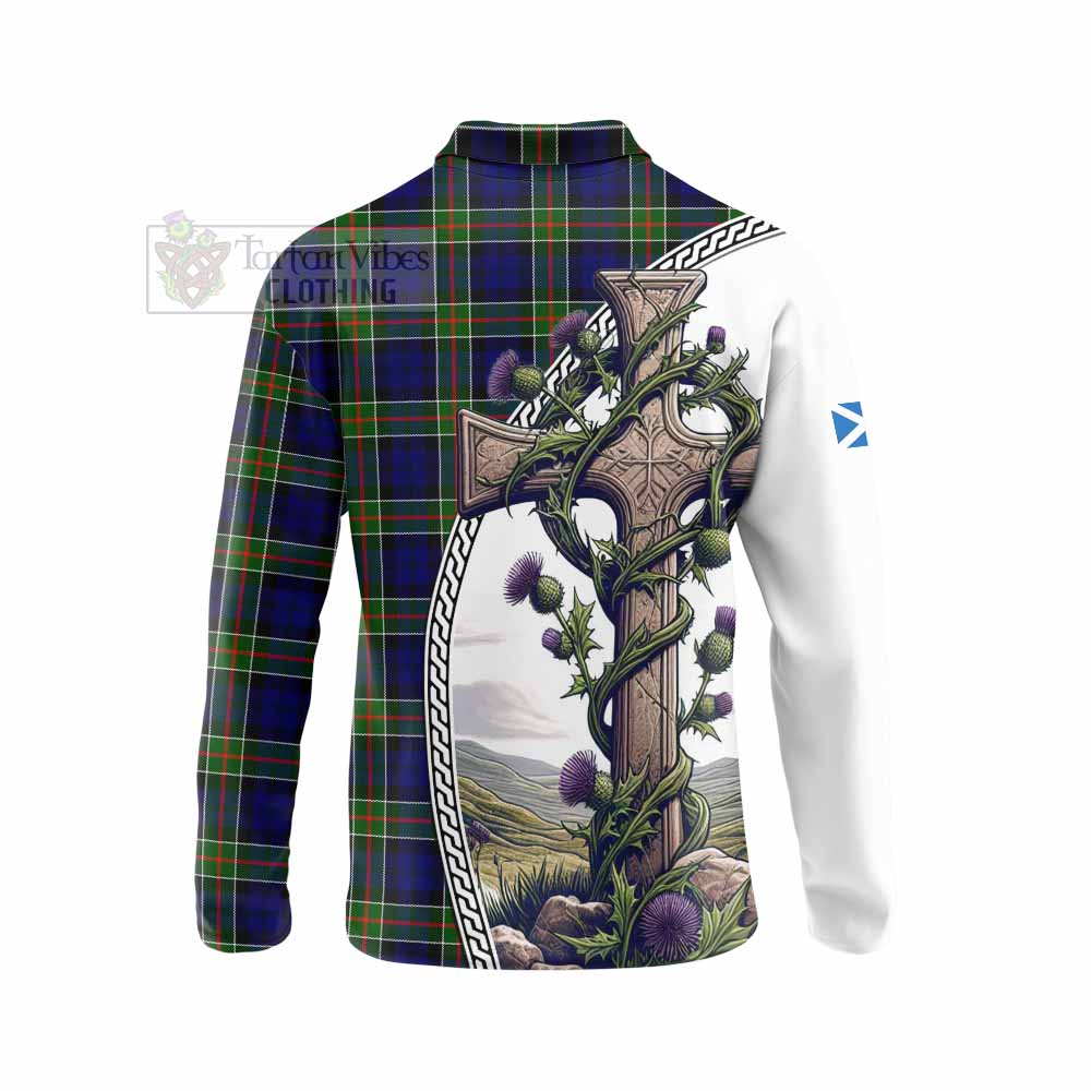 Tartan Vibes Clothing Colquhoun Tartan Long Sleeve Polo Shirt with Family Crest and St. Andrew's Cross Accented by Thistle Vines