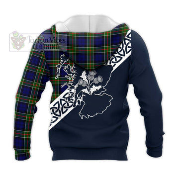 Colquhoun Tartan Knitted Hoodie Featuring Thistle and Scotland Map