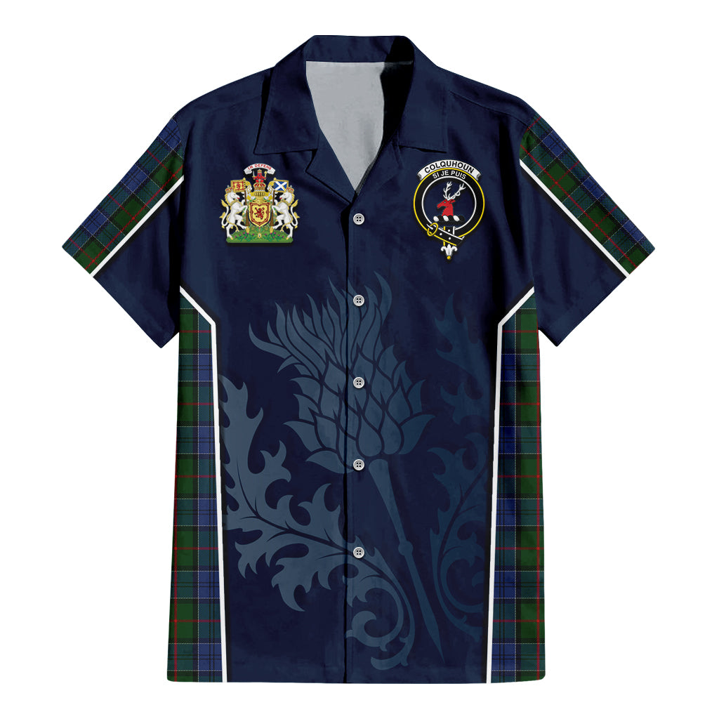 Tartan Vibes Clothing Colquhoun Tartan Short Sleeve Button Up Shirt with Family Crest and Scottish Thistle Vibes Sport Style