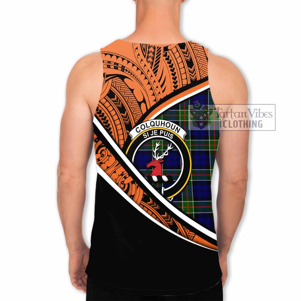 Tartan Vibes Clothing Colquhoun Crest Tartan Men's Tank Top with Maori Tattoo Style - Orange Version