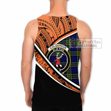 Colquhoun Crest Tartan Men's Tank Top with Polynesian Vibes Style - Orange Version