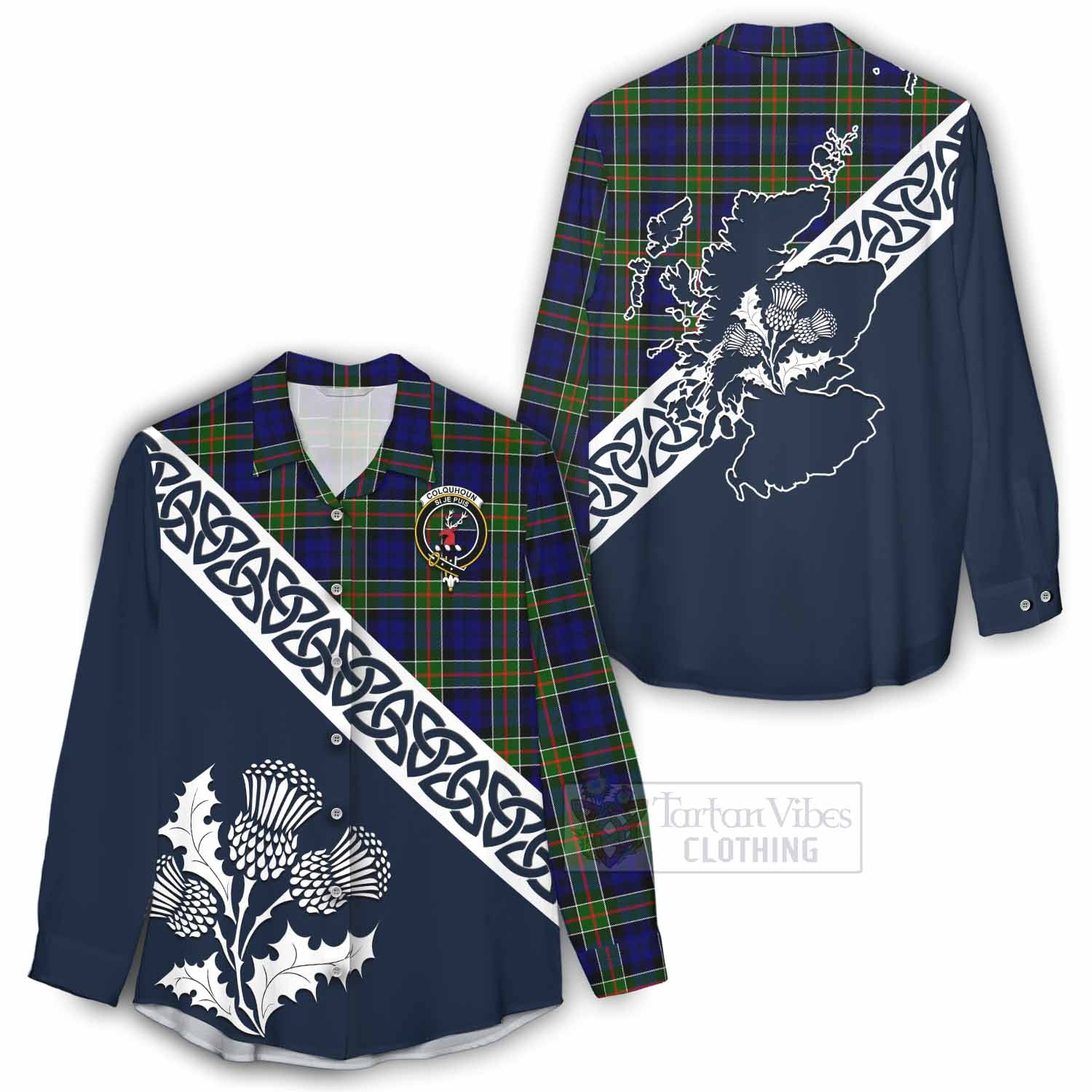 Tartan Vibes Clothing Colquhoun Tartan Women's Casual Shirt Featuring Thistle and Scotland Map