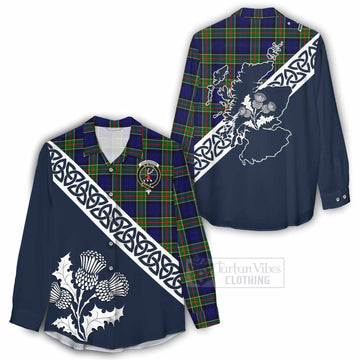 Colquhoun Tartan Women's Casual Shirt Featuring Thistle and Scotland Map