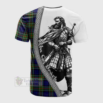 Colquhoun Tartan Clan Crest Cotton T-shirt with Highlander Warrior Celtic Style