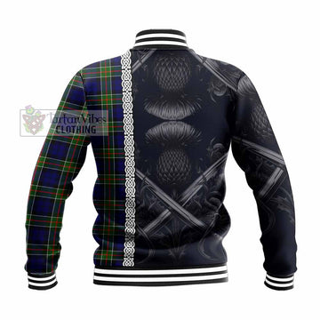 Colquhoun Tartan Baseball Jacket with Family Crest Cross Sword Thistle Celtic Vibes