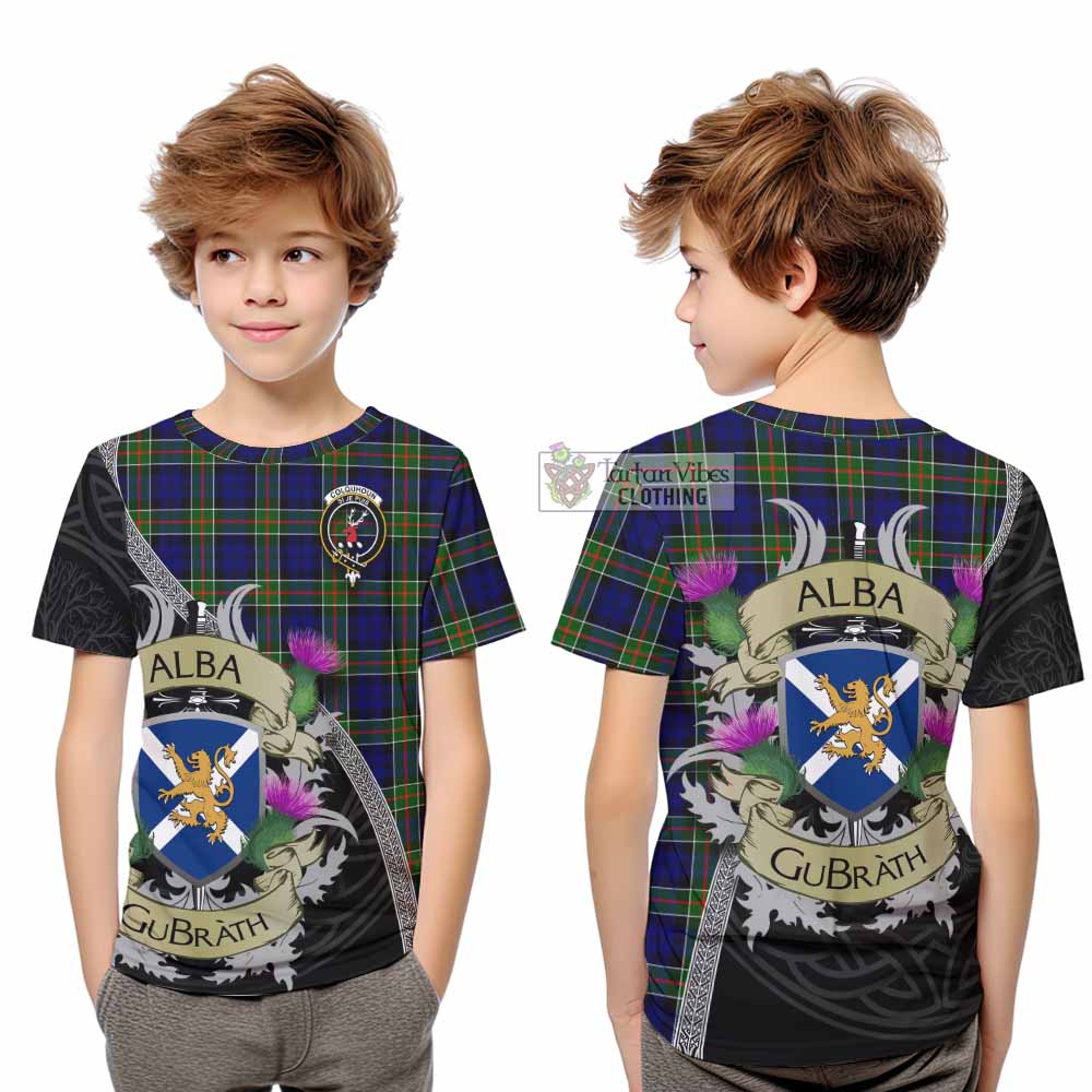 Colquhoun Tartan Family Crest Kid T-Shirt Lion Rampant Royal Thistle Shield Celtic Inspired - Tartan Vibes Clothing