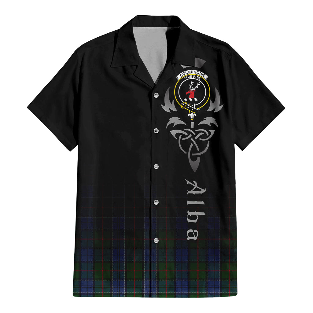 Tartan Vibes Clothing Colquhoun Tartan Short Sleeve Button Up Featuring Alba Gu Brath Family Crest Celtic Inspired