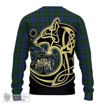 Colquhoun Tartan Knitted Sweater with Family Crest Celtic Wolf Style