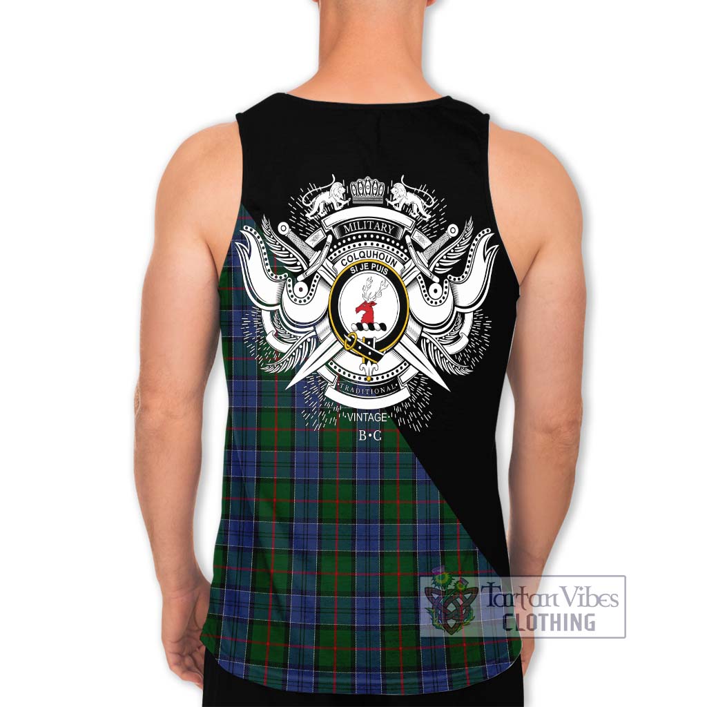 Tartan Vibes Clothing Colquhoun Tartan Men's Tank Top with Family Crest and Military Logo Style