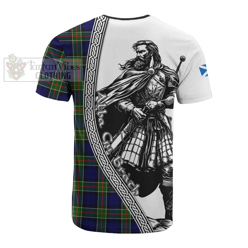 Colquhoun Tartan Clan Crest Cotton T-shirt with Highlander Warrior Celtic Style