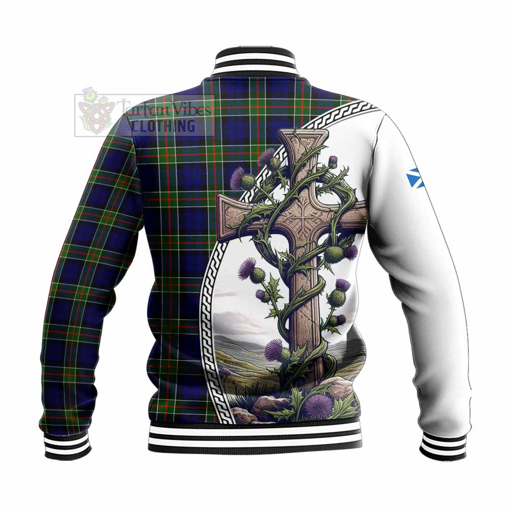 Tartan Vibes Clothing Colquhoun Tartan Baseball Jacket with Family Crest and St. Andrew's Cross Accented by Thistle Vines