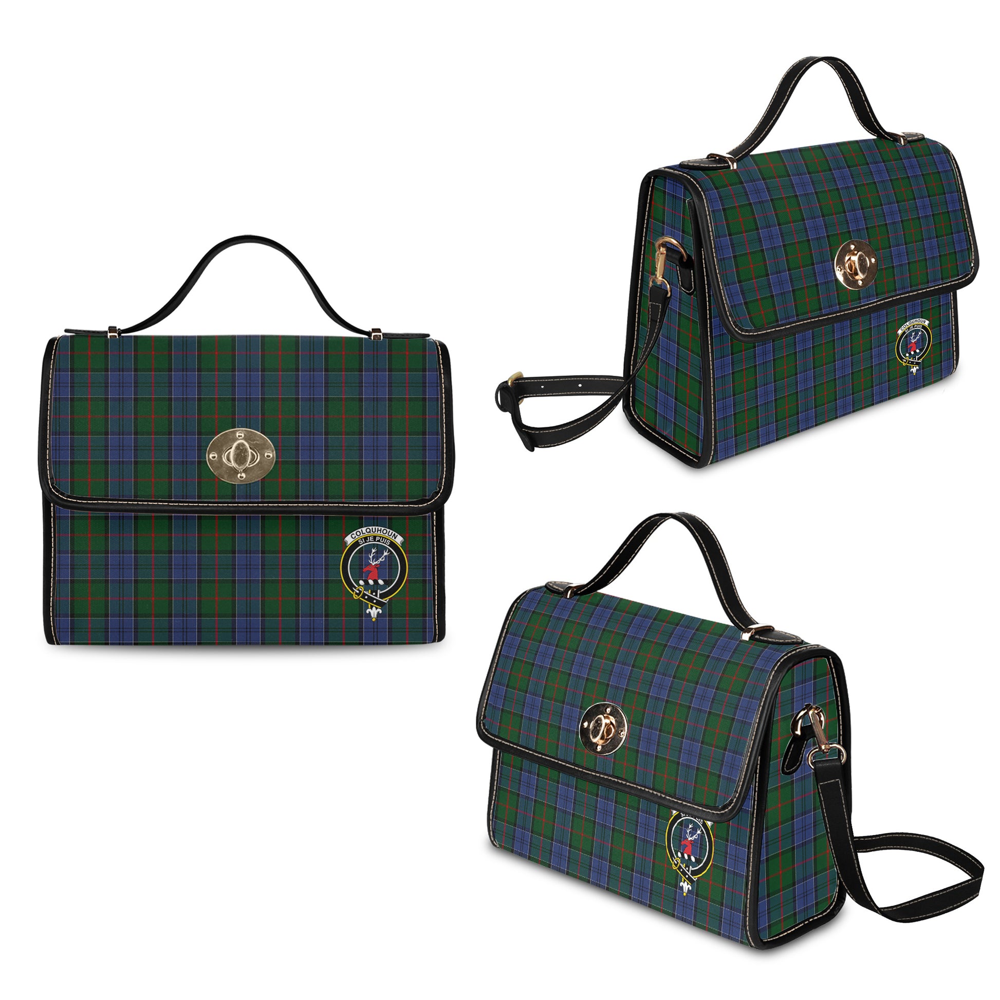 colquhoun-tartan-leather-strap-waterproof-canvas-bag-with-family-crest