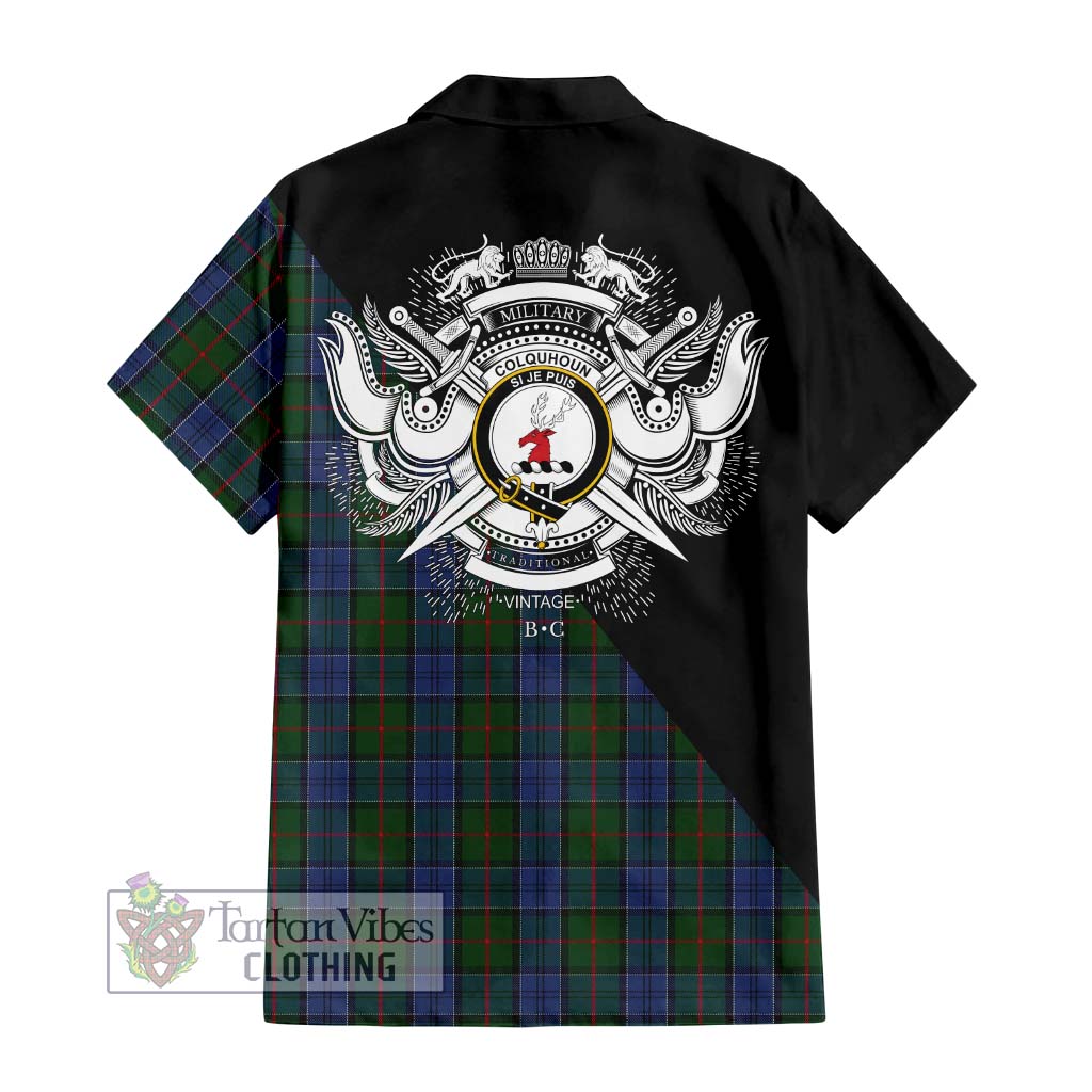 Tartan Vibes Clothing Colquhoun Tartan Short Sleeve Button Shirt with Family Crest and Military Logo Style