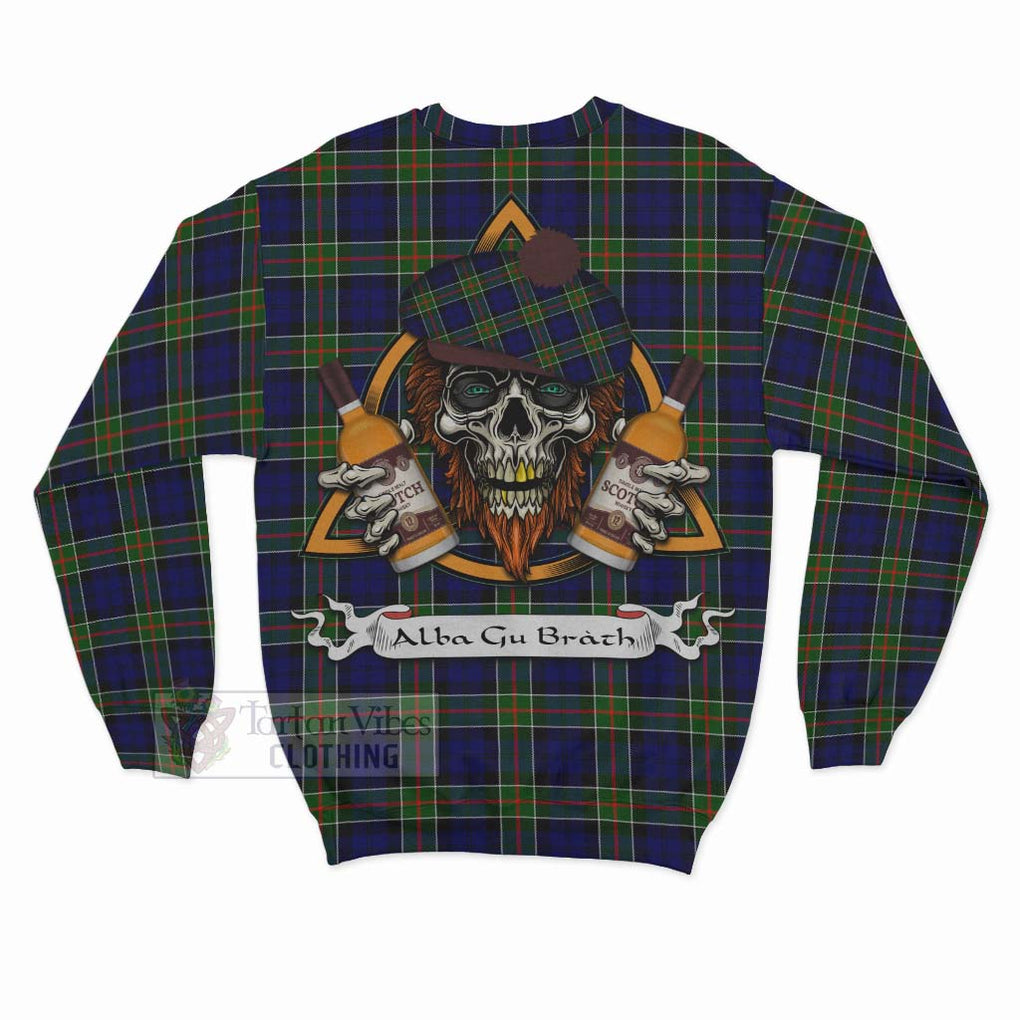 Tartan Vibes Clothing Colquhoun Tartan Sweatshirt with Family Crest and Bearded Skull Holding Bottles of Whiskey