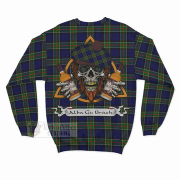 Colquhoun Tartan Sweatshirt with Family Crest and Bearded Skull Holding Bottles of Whiskey