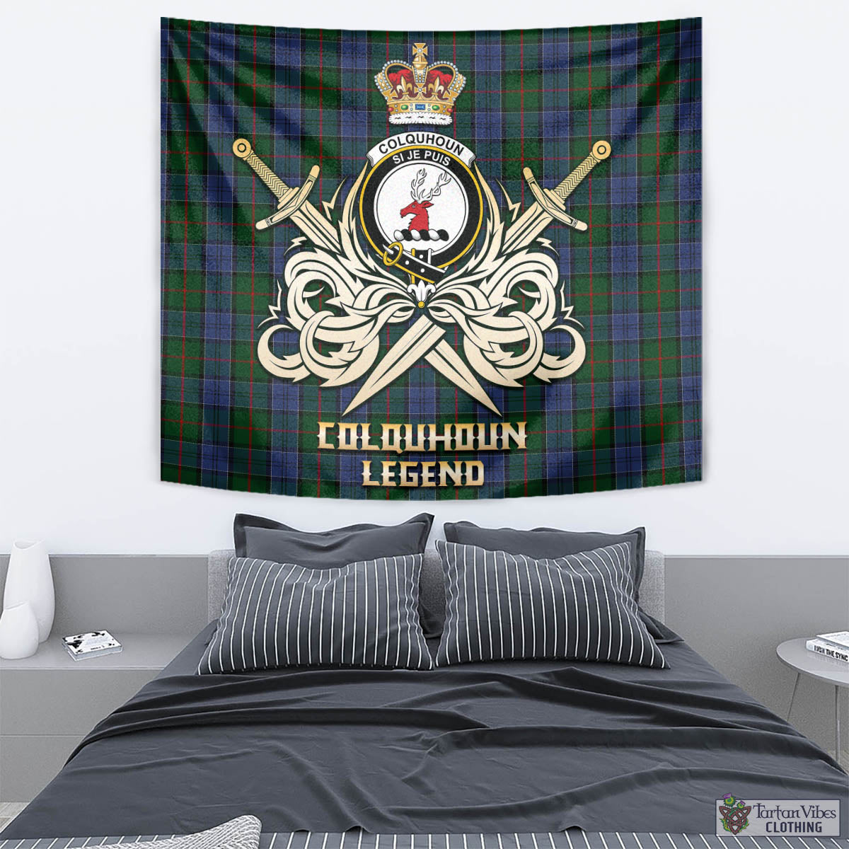 Tartan Vibes Clothing Colquhoun Tartan Tapestry with Clan Crest and the Golden Sword of Courageous Legacy