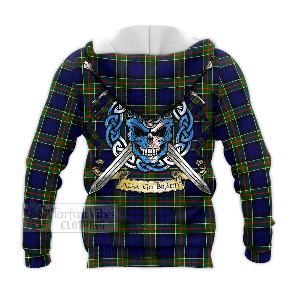 Tartan Vibes Clothing Colquhoun Tartan Knitted Hoodie with Family Crest Celtic Skull Style