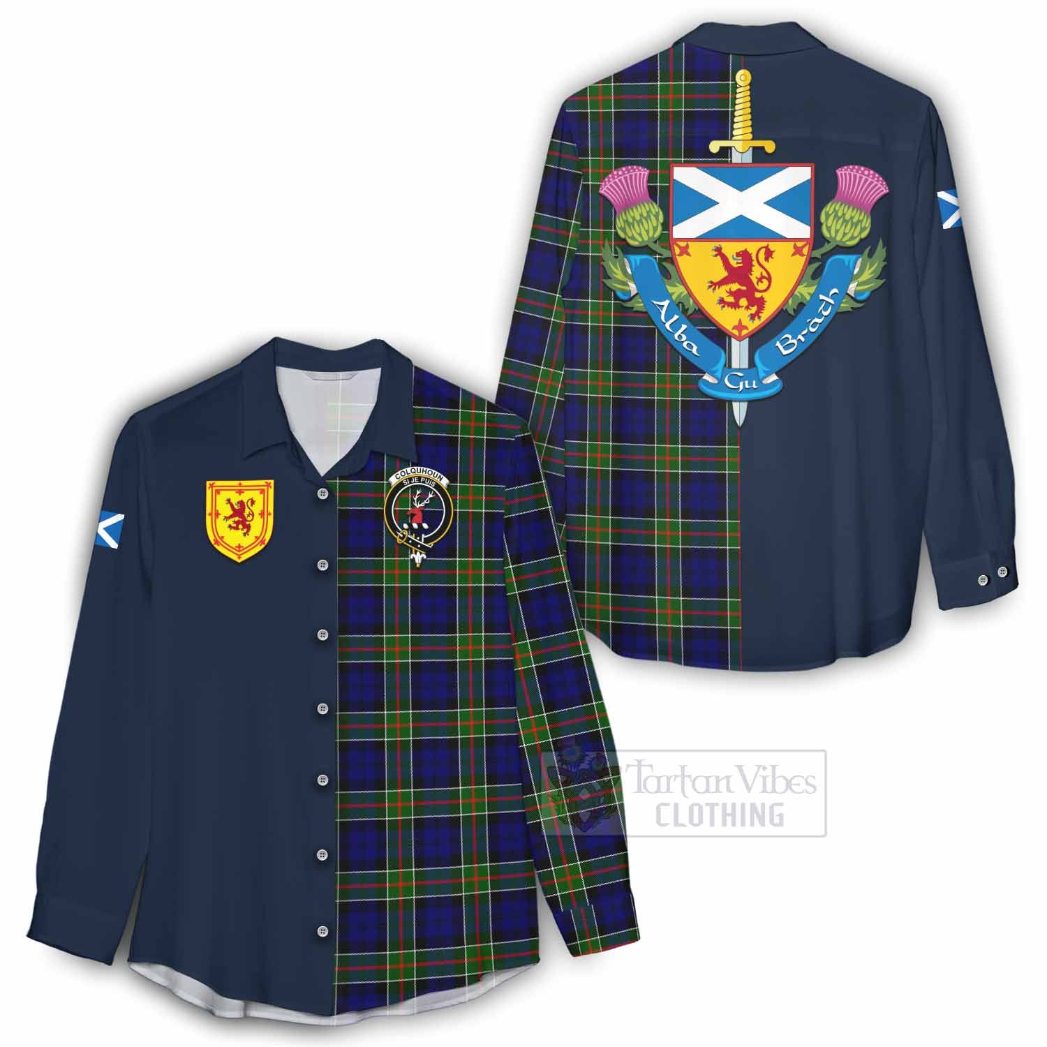 Tartan Vibes Clothing Colquhoun Tartan Women's Casual Shirt Alba with Scottish Lion Royal Arm Half Style