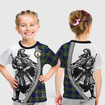 Colquhoun Tartan Clan Crest Kid T-Shirt with Highlander Warrior Celtic Style