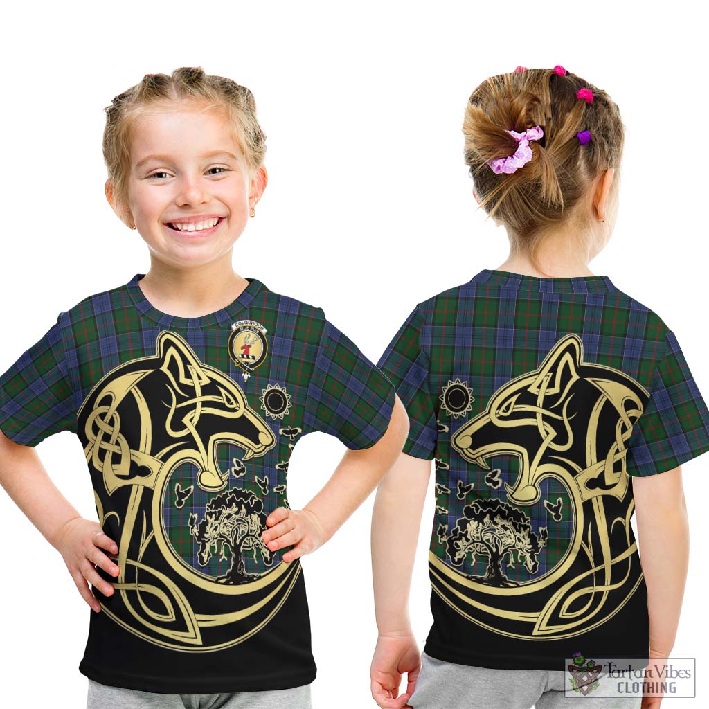 Tartan Vibes Clothing Colquhoun Tartan Kid T-Shirt with Family Crest Celtic Wolf Style