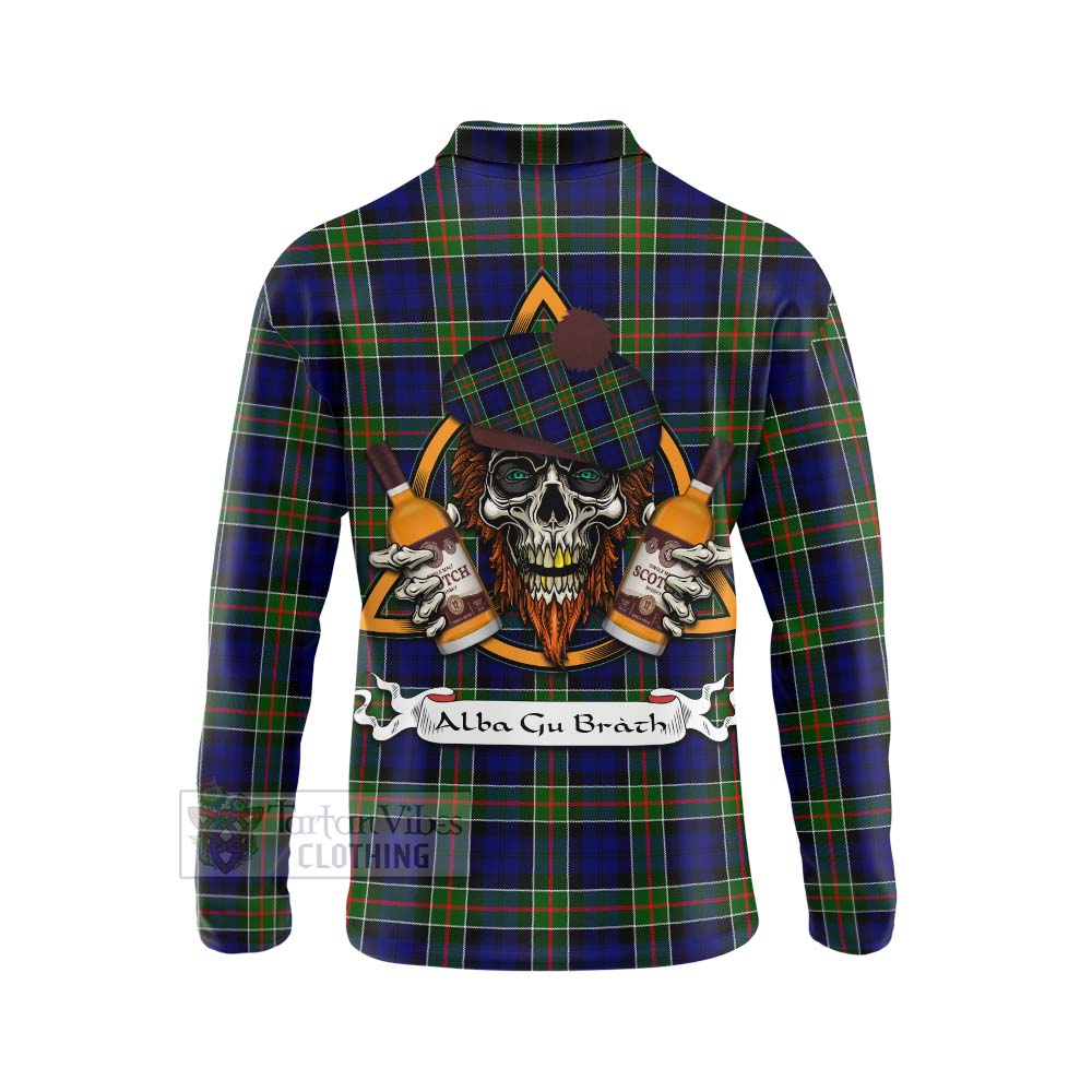 Tartan Vibes Clothing Colquhoun Tartan Long Sleeve Polo Shirt with Family Crest and Bearded Skull Holding Bottles of Whiskey