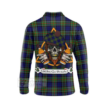 Colquhoun Tartan Long Sleeve Polo Shirt with Family Crest and Bearded Skull Holding Bottles of Whiskey