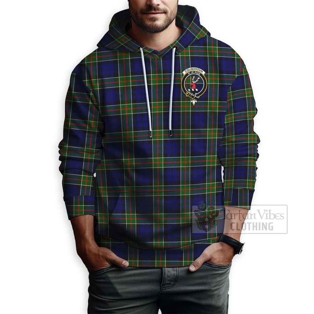 Tartan Vibes Clothing Colquhoun Tartan Hoodie with Family Crest and Bearded Skull Holding Bottles of Whiskey