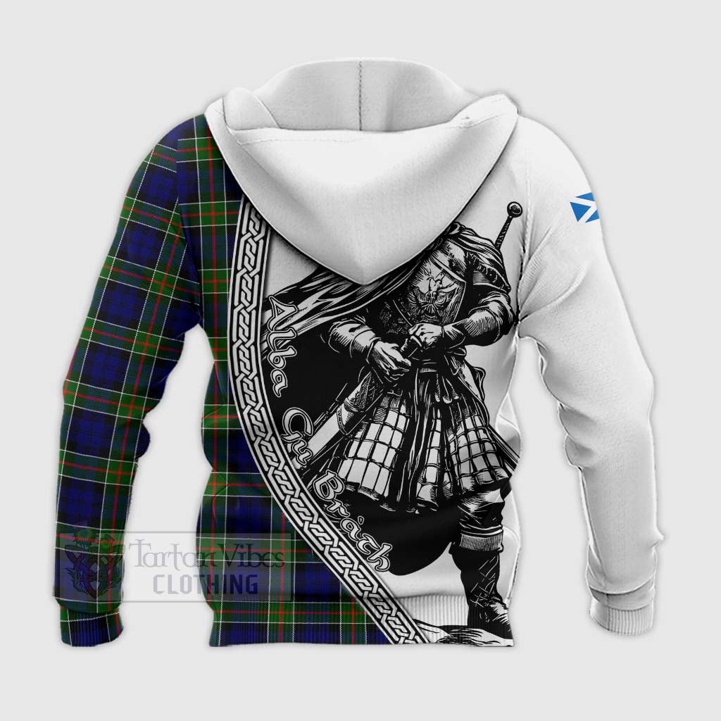 Tartan Vibes Clothing Colquhoun Tartan Clan Crest Knitted Hoodie with Highlander Warrior Celtic Style