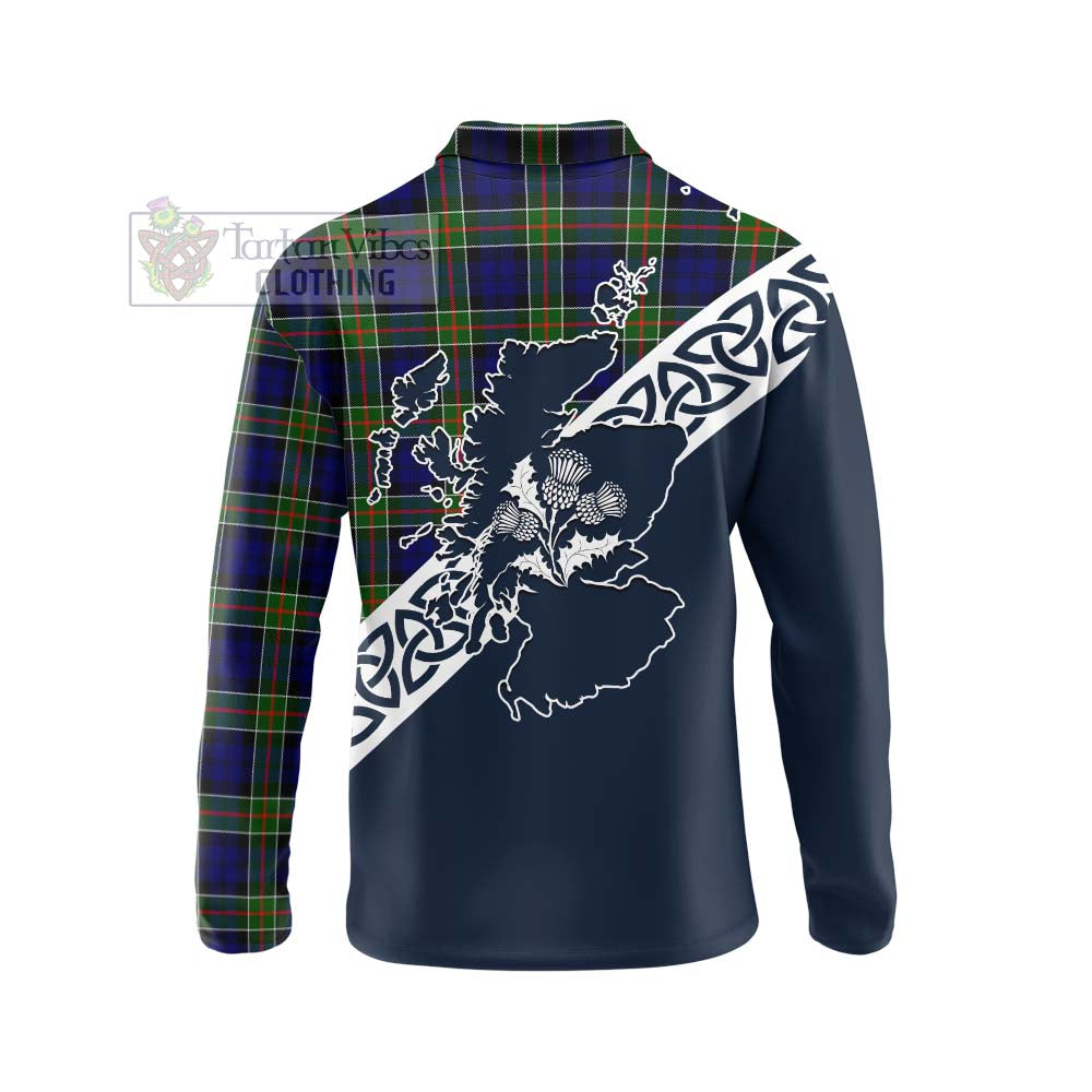 Tartan Vibes Clothing Colquhoun Tartan Long Sleeve Polo Shirt Featuring Thistle and Scotland Map