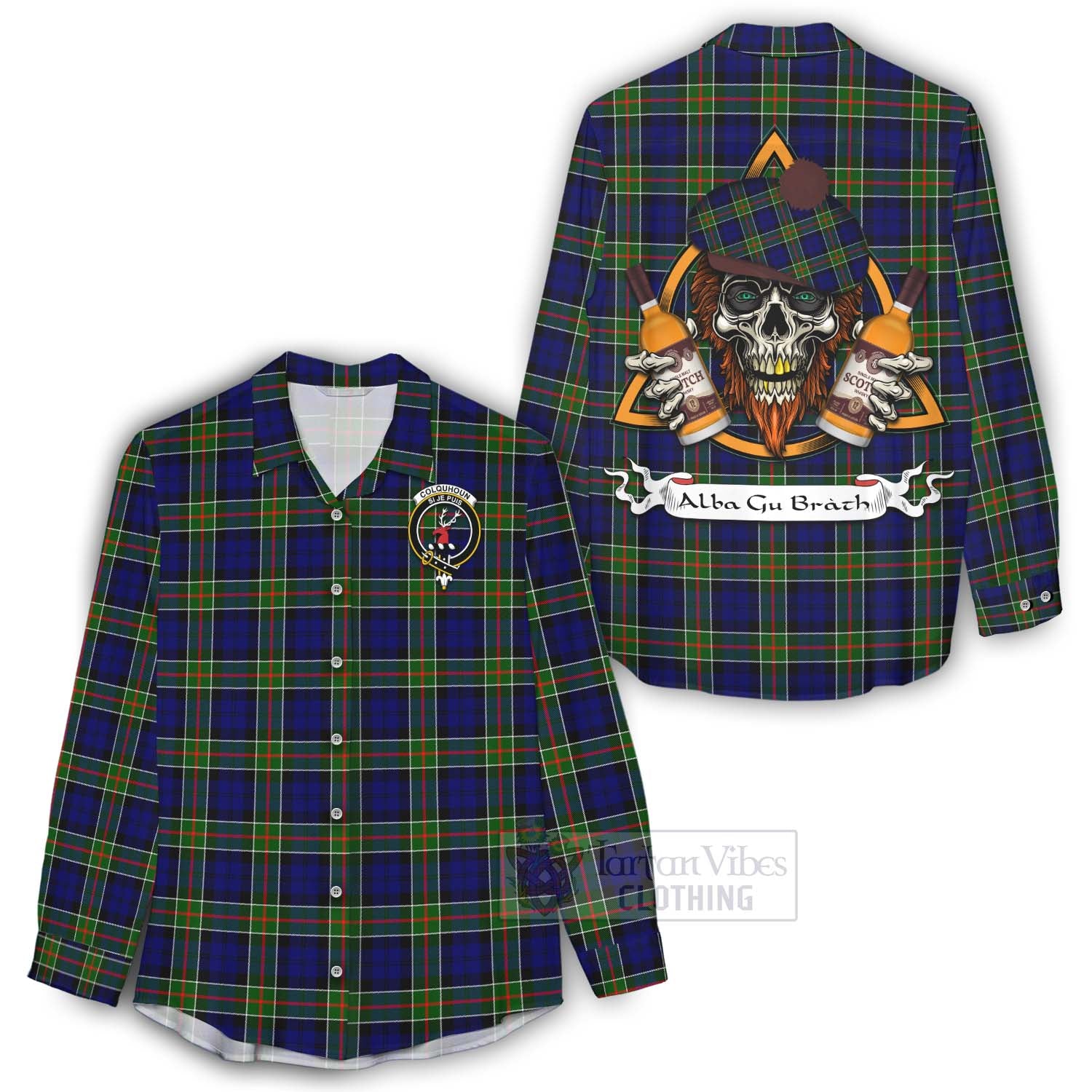 Tartan Vibes Clothing Colquhoun Tartan Women's Casual Shirt with Family Crest and Bearded Skull Holding Bottles of Whiskey