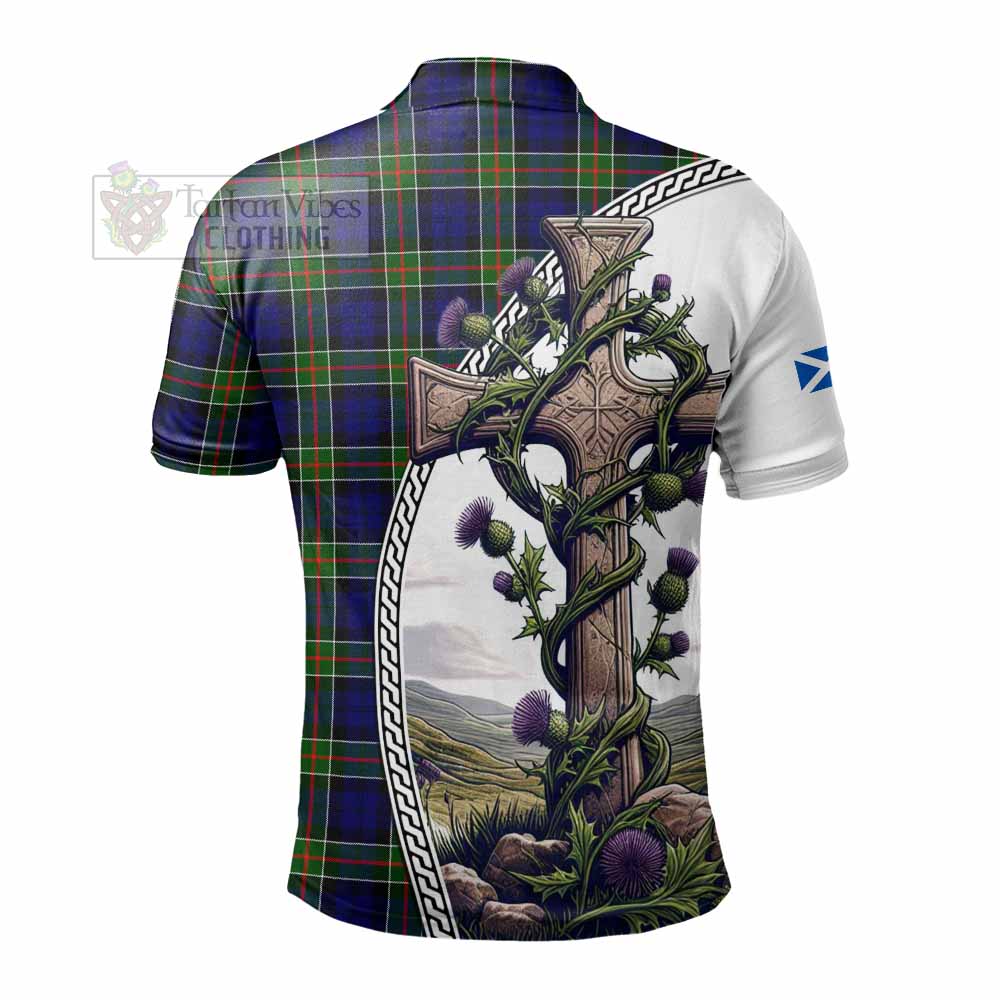 Tartan Vibes Clothing Colquhoun Tartan Polo Shirt with Family Crest and St. Andrew's Cross Accented by Thistle Vines