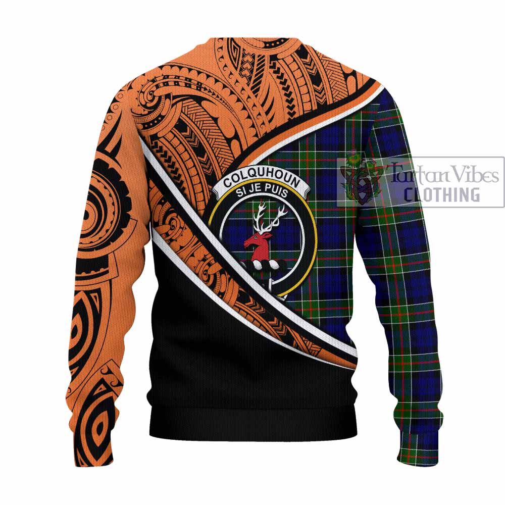 Tartan Vibes Clothing Colquhoun Crest Tartan Knitted Sweater with Maori Tattoo Style - Orange Version