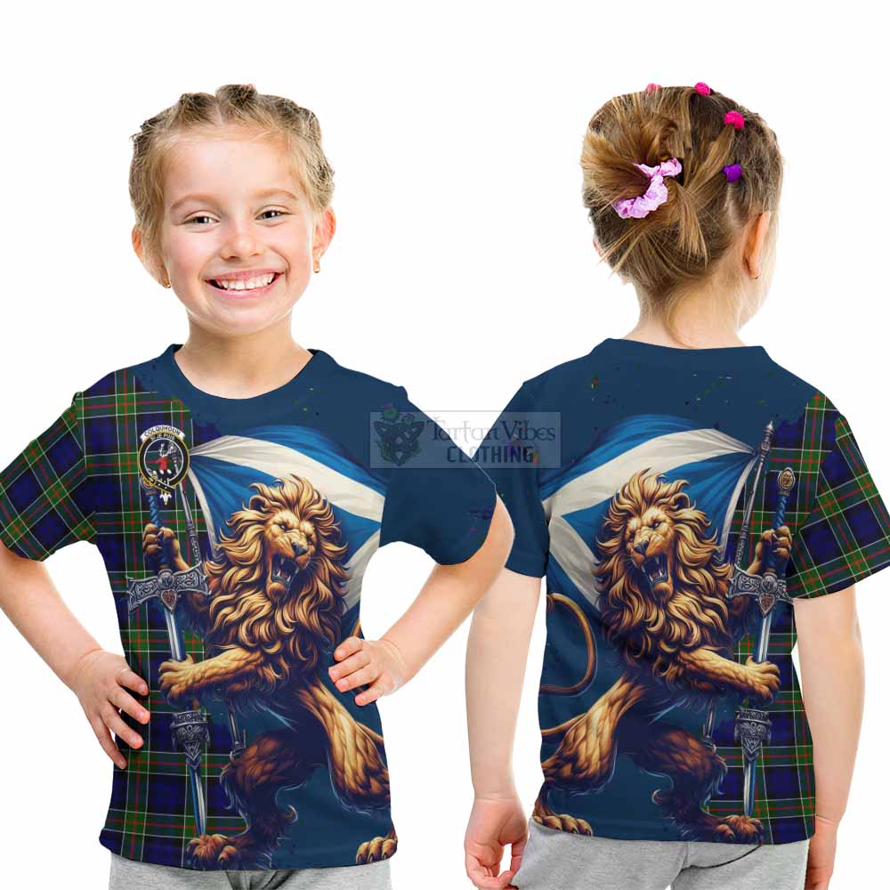 Tartan Vibes Clothing Colquhoun Tartan Family Crest Kid T-Shirt with Scottish Majestic Lion